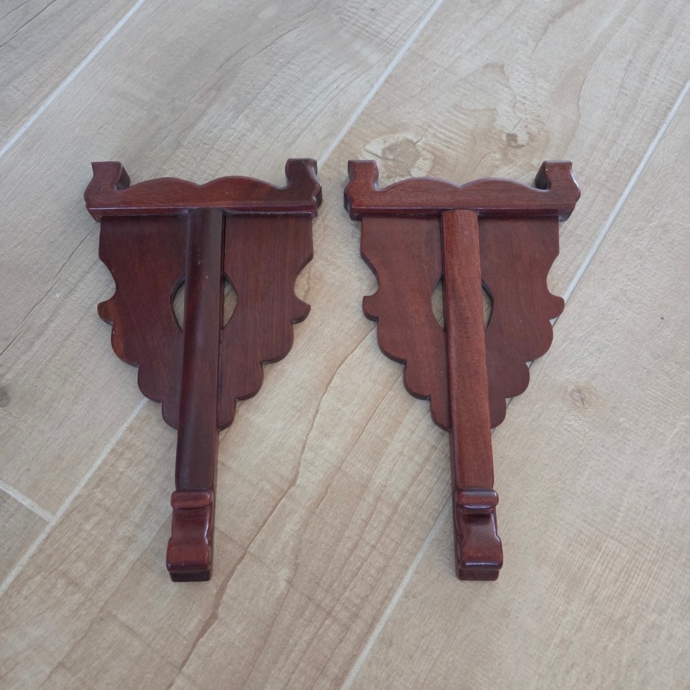Vintage Wooden Shelf Brackets Pair Decorative Ornate Dark Wood Wall Mount‎